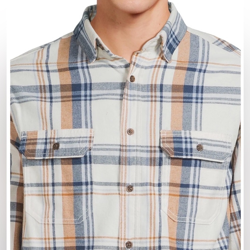 NWT George Men's M Medium Flannel Shirt White Blue Orange Plaid Button Up Soft - Picture 2 of 5